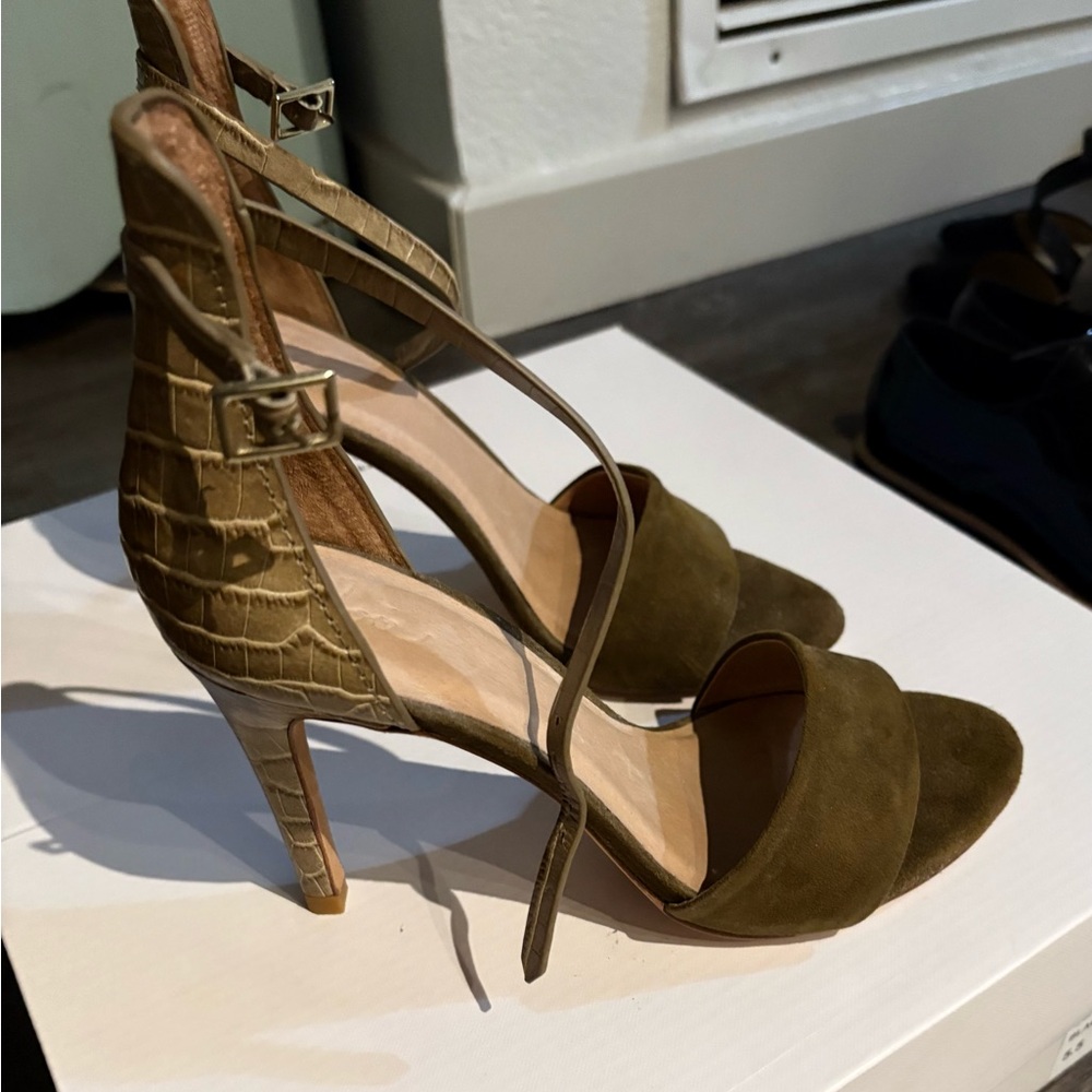 Joie Olive Suede Heels with Croc-Embossed Straps